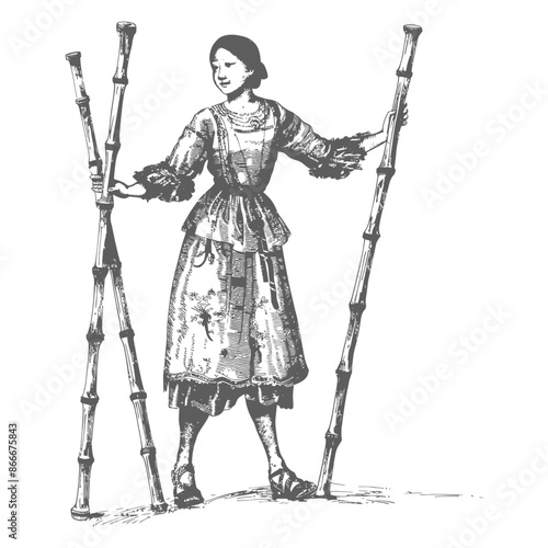 woman playing traditional bamboo dancing bamboo stilts game with engraving style
