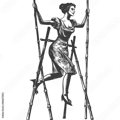 woman playing traditional bamboo dancing bamboo stilts game with engraving style