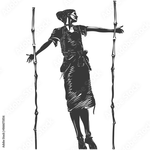 woman playing traditional bamboo dancing bamboo stilts game with engraving style