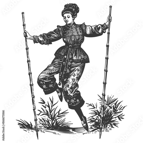 woman playing traditional bamboo dancing bamboo stilts game with engraving style