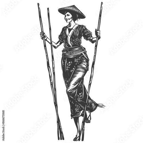 woman playing traditional bamboo dancing bamboo stilts game with engraving style