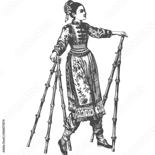 woman playing traditional bamboo dancing bamboo stilts game with engraving style