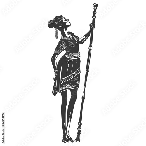 woman playing traditional bamboo dancing bamboo stilts game with engraving style