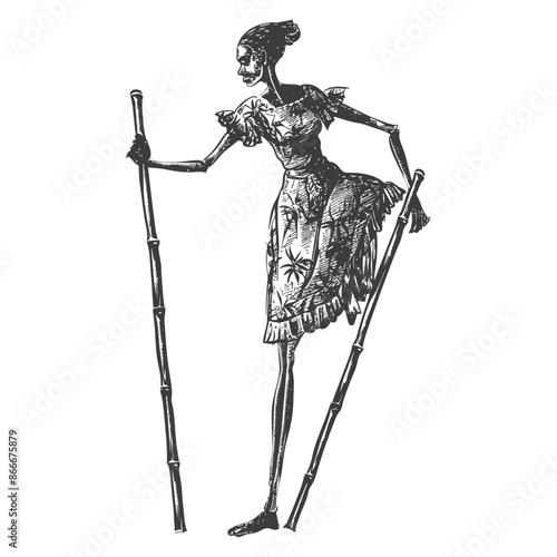 woman playing traditional bamboo dancing bamboo stilts game with engraving style