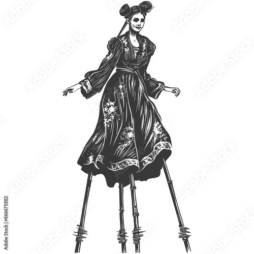 woman playing traditional bamboo dancing bamboo stilts game with engraving style