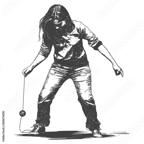 Girl Playing with a Yo Yo Black and White Illustration