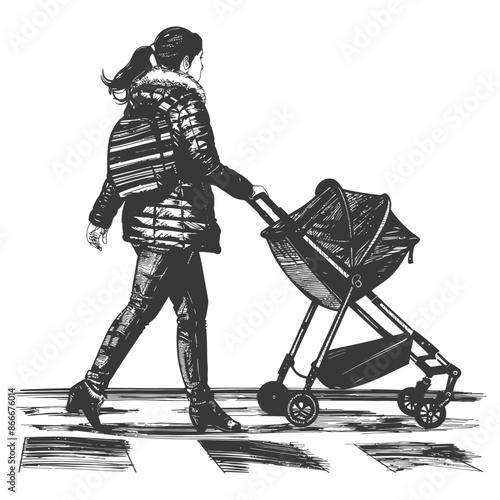 A woman pushing a stroller across a crosswalk