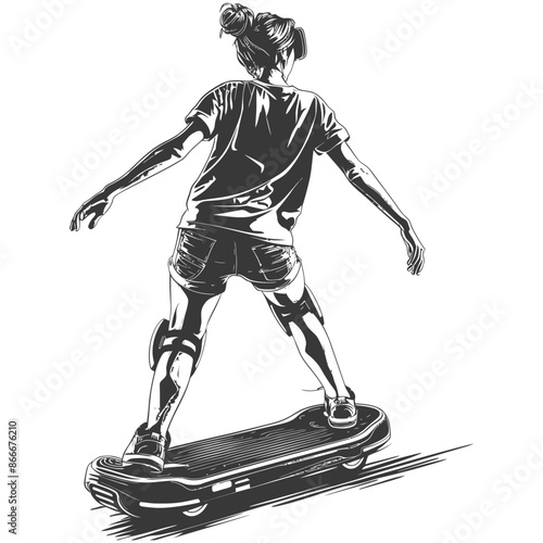 woman riding hoverboard with engraving style black color only