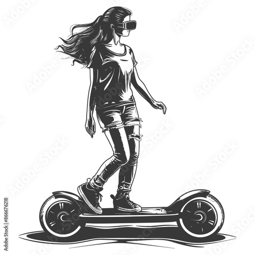 woman riding hoverboard with engraving style black color only