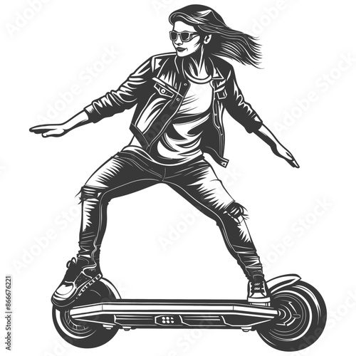 woman riding hoverboard with engraving style black color only