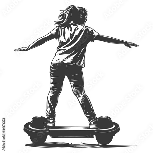 woman riding hoverboard with engraving style black color only