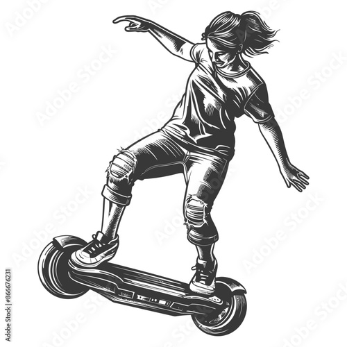 woman riding hoverboard with engraving style black color only