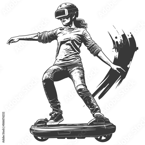woman riding hoverboard with engraving style black color only