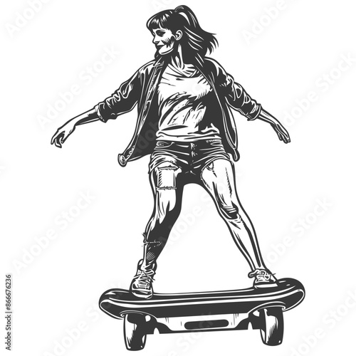 woman riding hoverboard with engraving style black color only