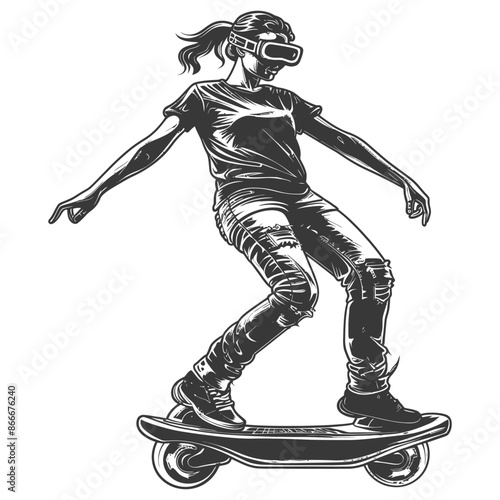 woman riding hoverboard with engraving style black color only