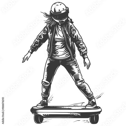 woman riding hoverboard with engraving style black color only