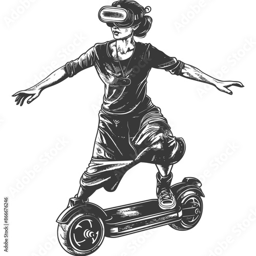 woman riding hoverboard with engraving style black color only