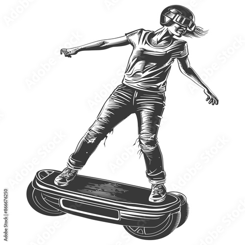 woman riding hoverboard with engraving style black color only