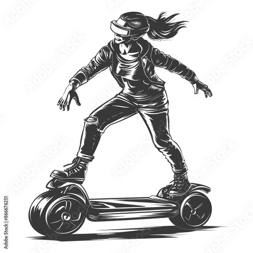woman riding hoverboard with engraving style black color only
