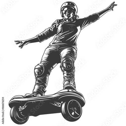 woman riding hoverboard with engraving style black color only