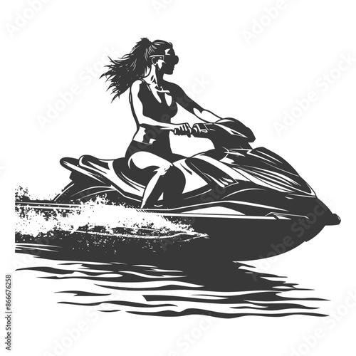 woman riding jet ski with engraving style black color only