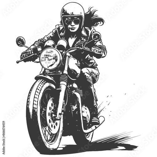 woman riding motorcycle with engraving style black color only