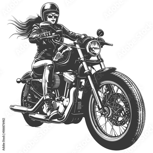 woman riding motorcycle with engraving style black color only