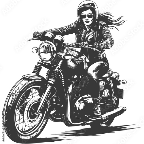woman riding motorcycle with engraving style black color only