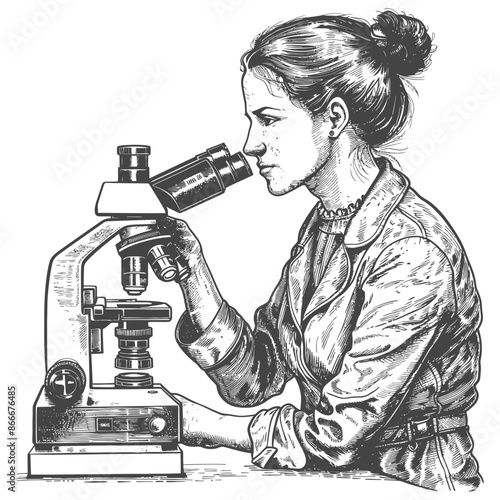 woman scientists looking through microscope with engraving style