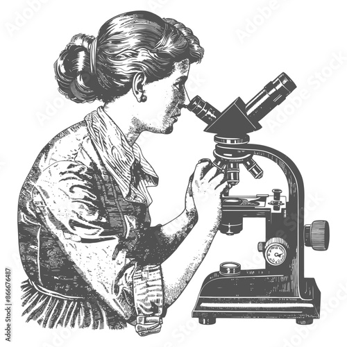 woman scientists looking through microscope with engraving style