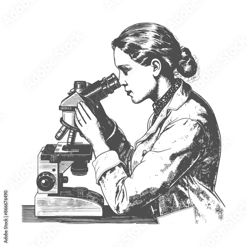 woman scientists looking through microscope with engraving style