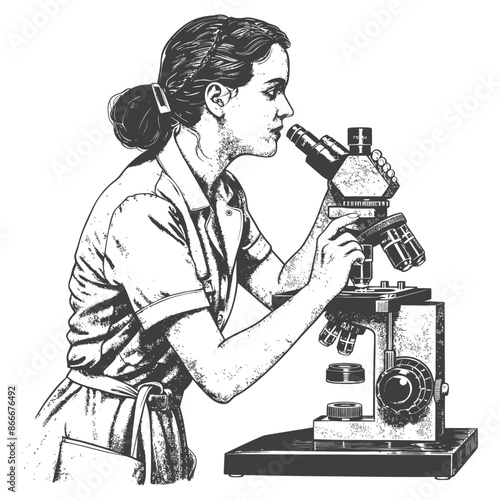 woman scientists looking through microscope with engraving style