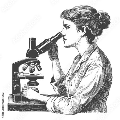 woman scientists looking through microscope with engraving style