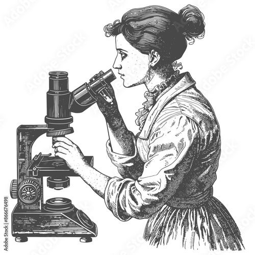 woman scientists looking through microscope with engraving style
