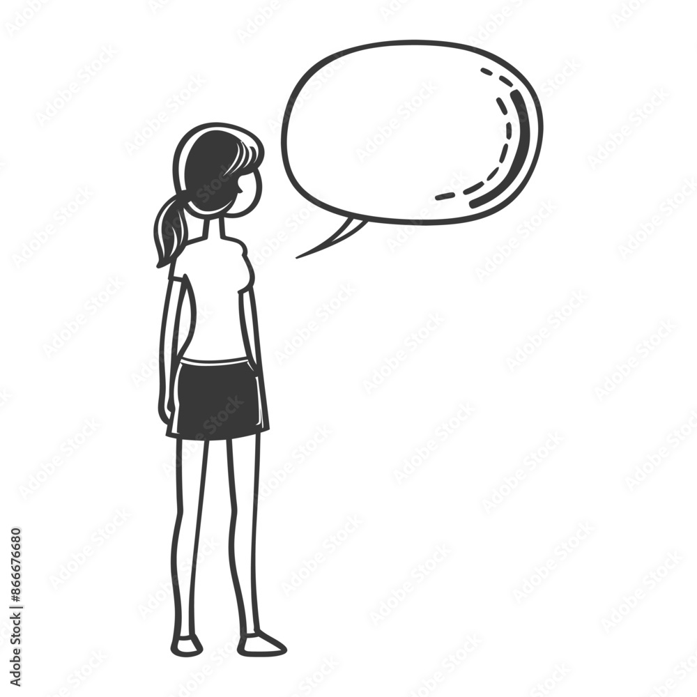 woman stick figure speech bubble with engraving style black color only woman stick figure speech bubble with engraving style black color only