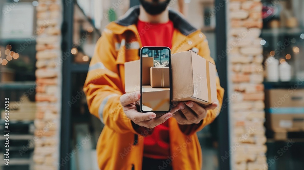 Fototapeta premium A delivery man holding packages with an online shopping app displayed on a smartphone screen, symbolizing convenient e-commerce