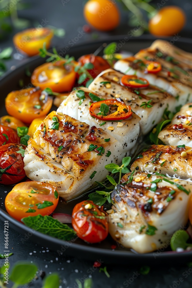 Grilled fish fillets on salad, cherry tomatoes, herbs, closeup, appetizing Grilled fish fillets on salad, cherry tomatoes, herbs, closeup, appetizing