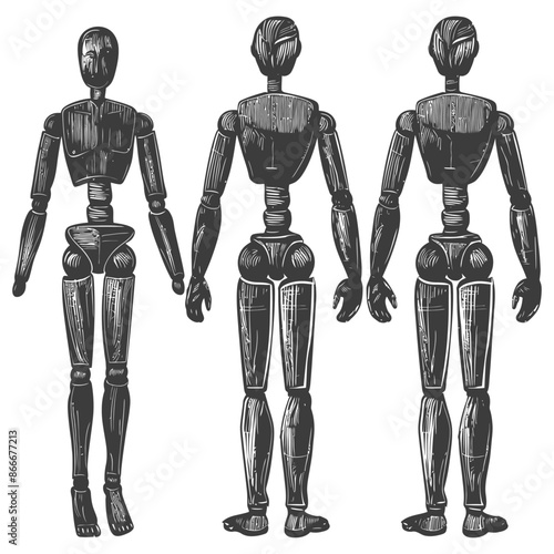 wooden mannequin with poses with engraving style black color only