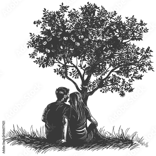 young couple sitting under the tree with engraving style black color only