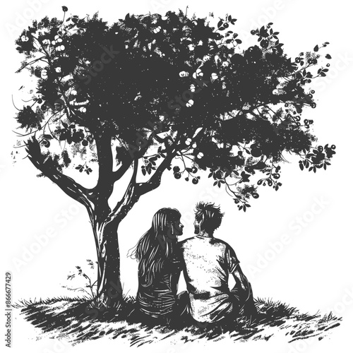 young couple sitting under the tree with engraving style black color only