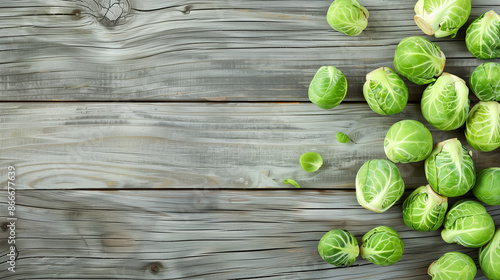 copy space, stockphoto, close-up Brussels Sprouts on a wooden table. Healthy food concept. Fresh Brussels sprouts poster, design for vegetables store, vetetables department. photo