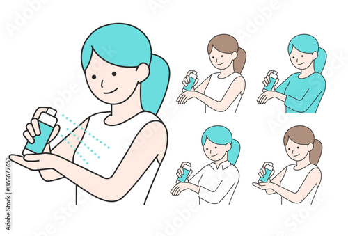 体にスプレーを吹きかける女性のシンプルなイラスト