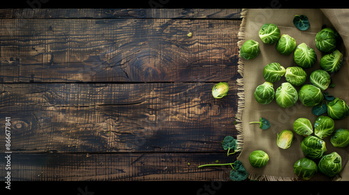 copy space, stockphoto, close-up Brussels Sprouts on a wooden table. Healthy food concept. Fresh Brussels sprouts poster, design for vegetables store, vetetables department. photo