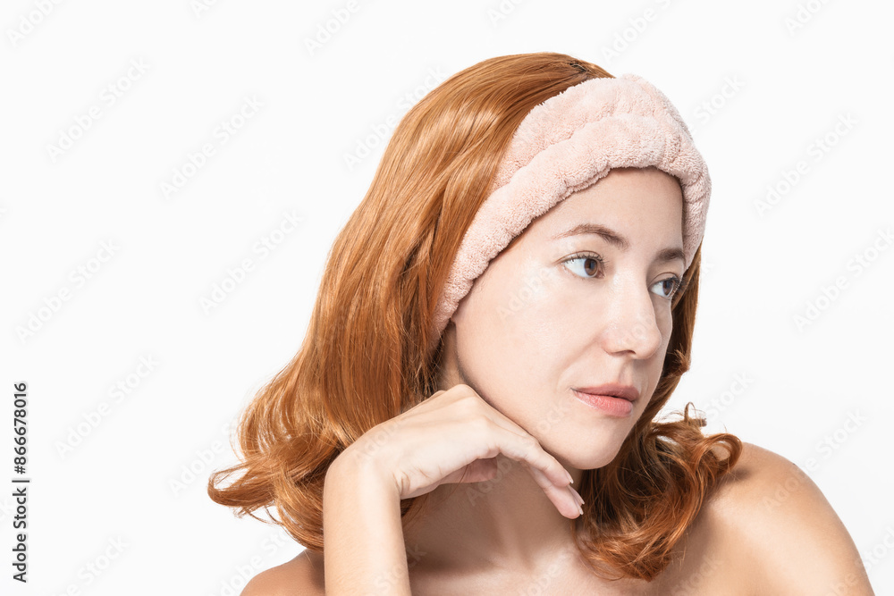 Portrait of beautiful young redhead latin woman, with clean, smooth skin, with facial care, spa concept, cosmetology on minimalist white background Portrait of beautiful young redhead latin woman, with clean, smooth skin, with facial care, spa concept, cosmetology on minimalist white background