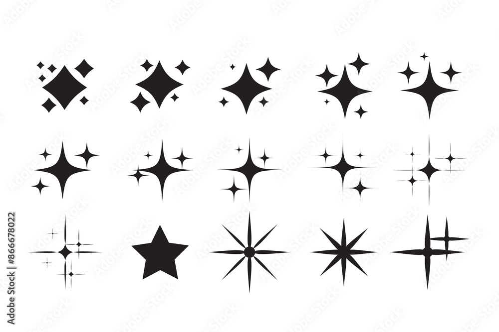 Naklejka premium Twinkle stars set collection. Set of black stars. Set of star sparkling and twinkling cartoon. Vector illustration. Isolated on white background. shining star icons, abstract sparkle black silhouette