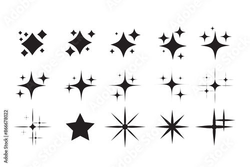 Twinkle stars set collection. Set of black stars. Set of star sparkling and twinkling cartoon. Vector illustration. Isolated on white background. shining star icons, abstract sparkle black silhouette