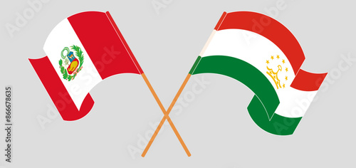 Crossed and waving flags of Peru and Tajikistan
