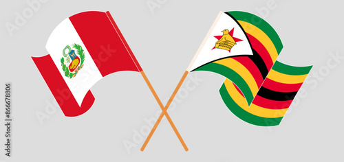 Crossed and waving flags of Peru and Zimbabwe