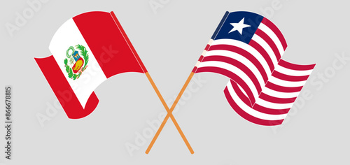 Crossed and waving flags of Peru and Liberia