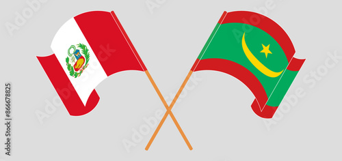 Crossed and waving flags of Peru and Mauritania